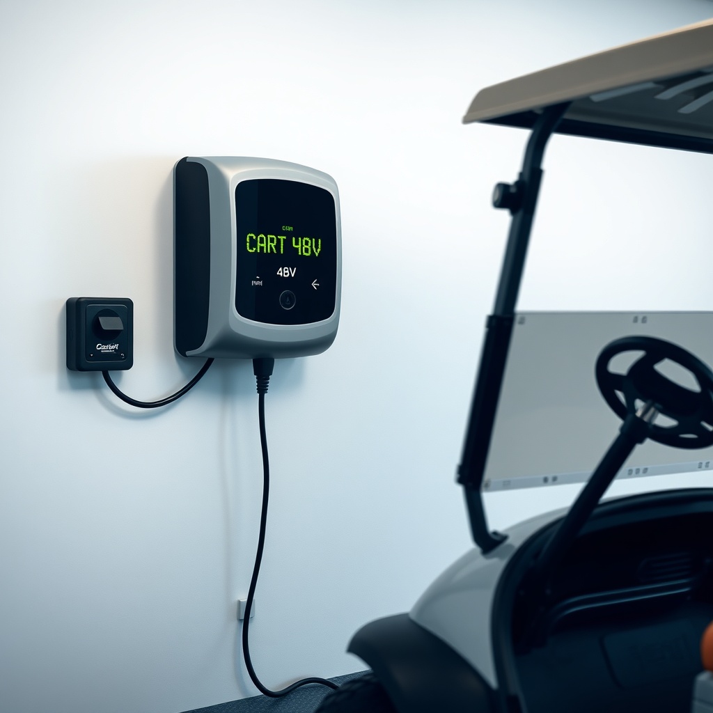 A clean photorealistic photo of a CartCraft golf cart plugged into a wall charger in a wel