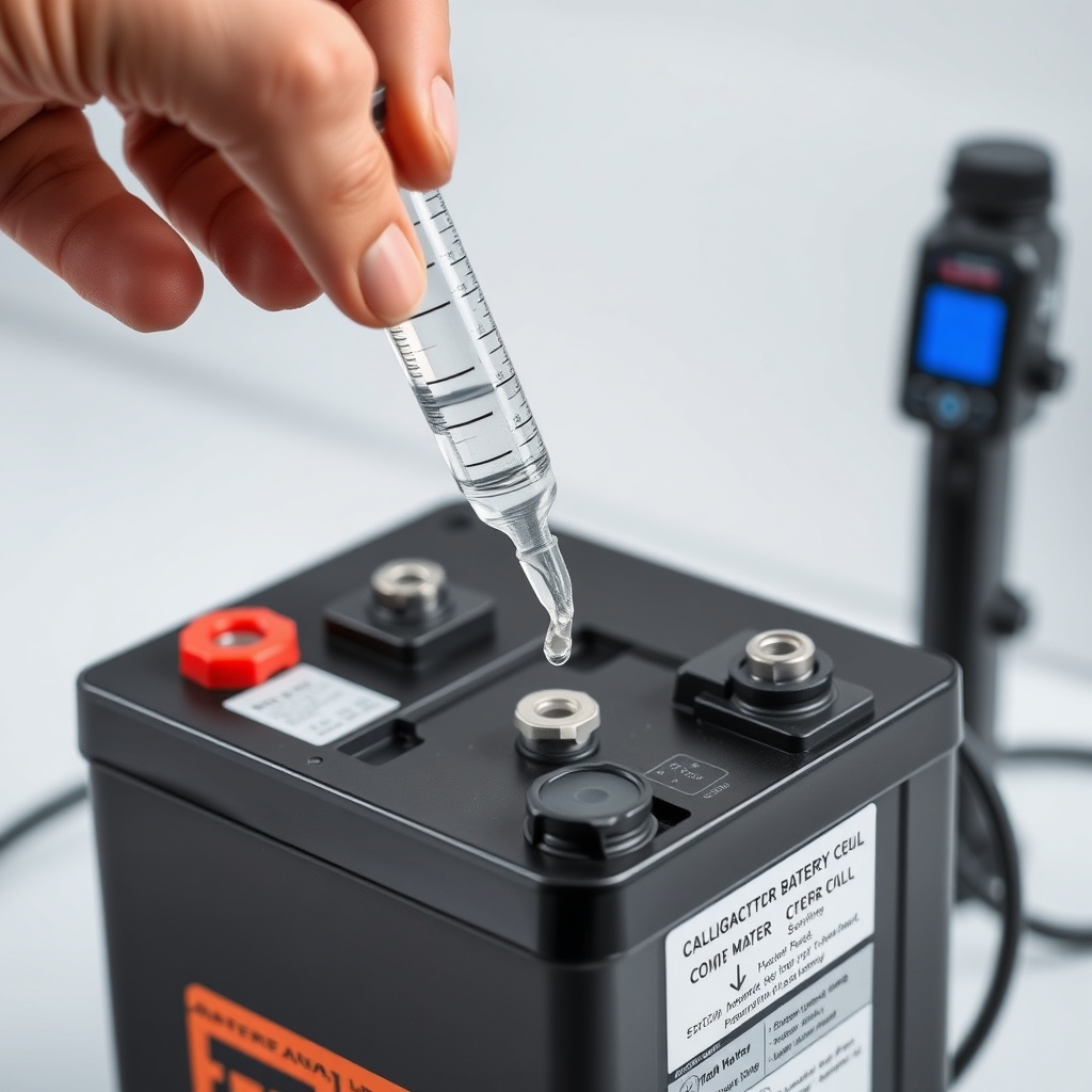 A photorealistic photo of a hand carefully adding distilled water to a CartCraft battery c