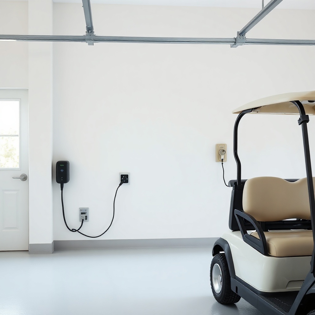 A clean photorealistic photo inside a well-lit garage with a CartCraft electric golf cart