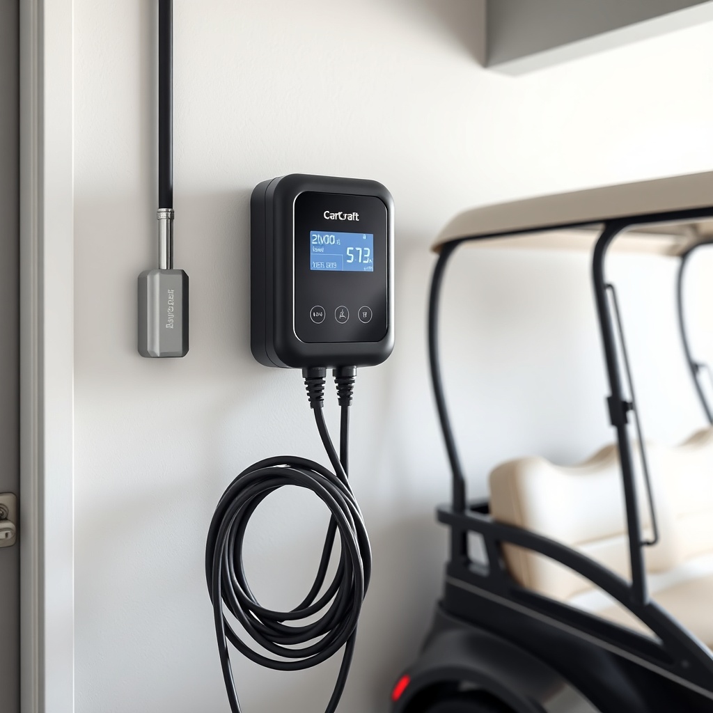 A photorealistic photo of a smart charger unit mounted on a garage wall next to a CartCraf