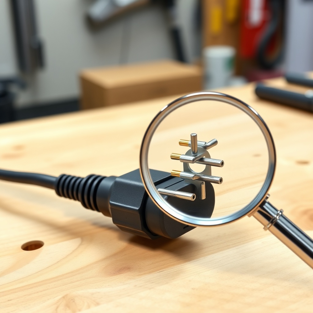 A photorealistic photo showing a single golf cart charging connector with a magnifying gla
