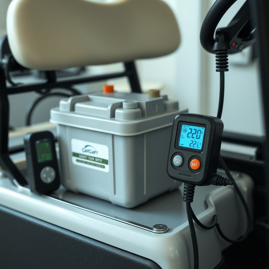 <A photorealistic shot of a CartCraft golf cart's battery compartment with a digital therm