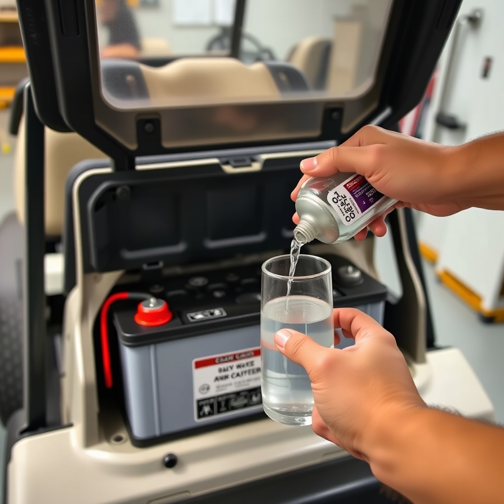 A photorealistic photo of a Club Car Onward 4 Passenger battery compartment with a hand us