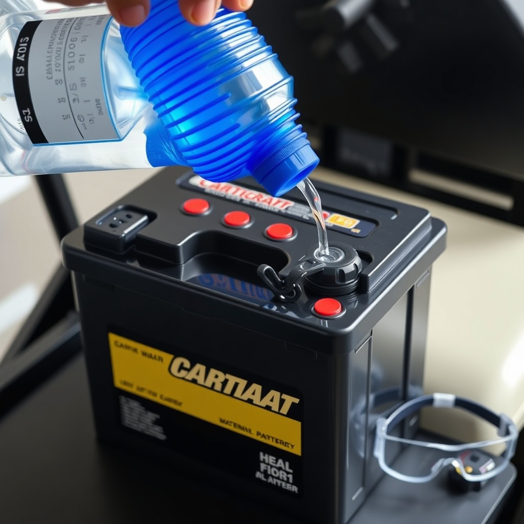 A clean photorealistic photo of a CartCraft golf cart battery being filled with distilled