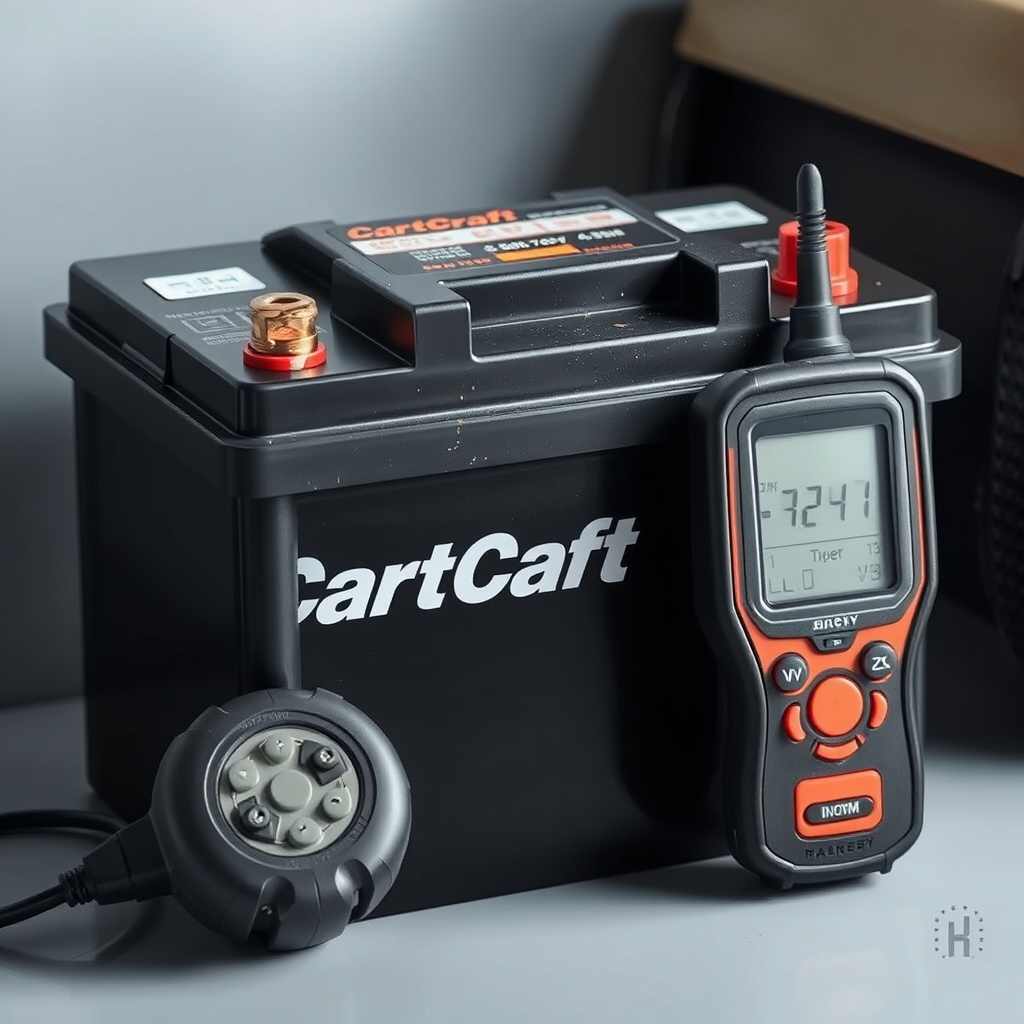 A clean photorealistic photo of a CartCraft golf cart battery with visible corrosion on te