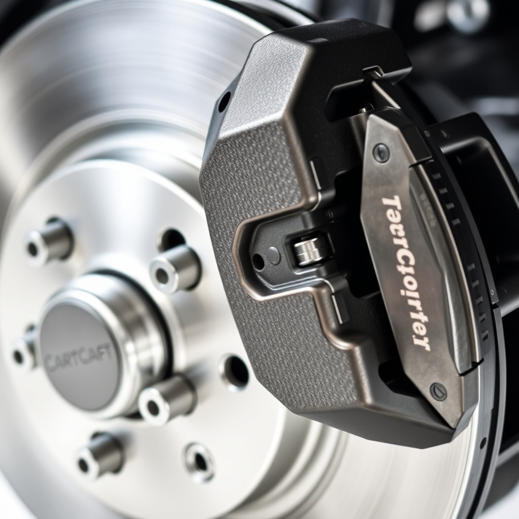 <A close-up photorealistic photo of a CartCraft brake caliper with new pads installed