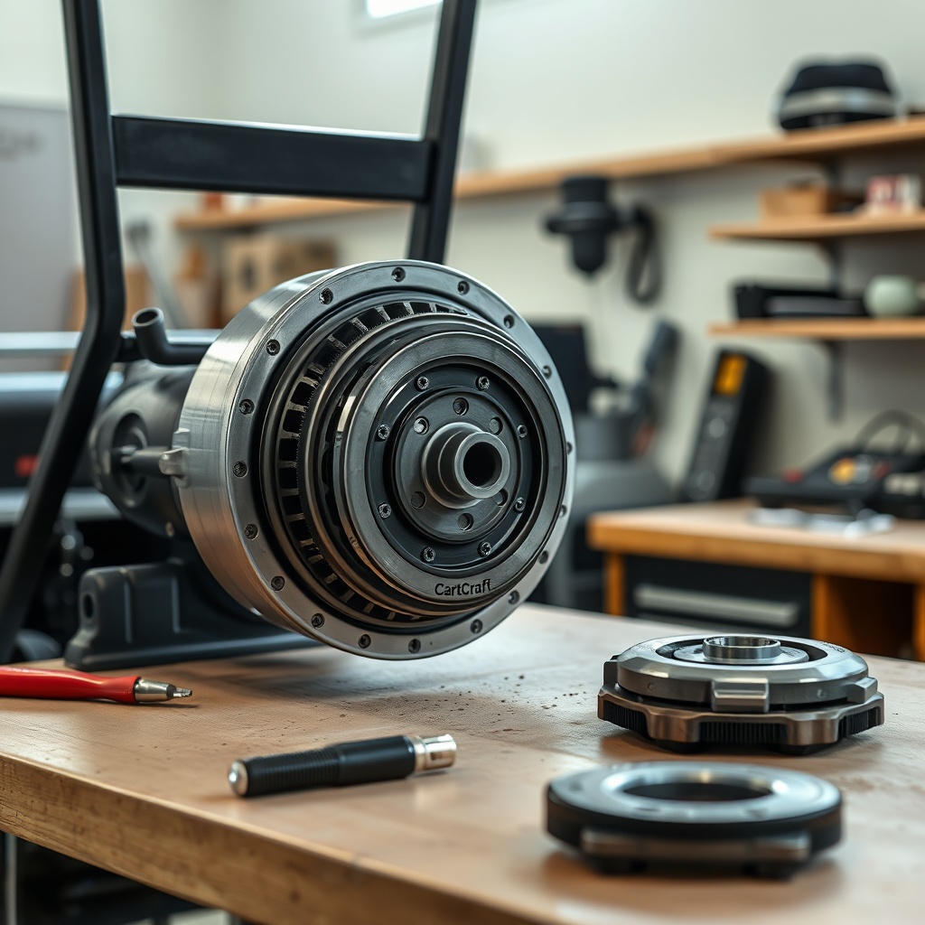 A photorealistic photo of a CartCraft golf cart's clutch assembly being upgraded in a work