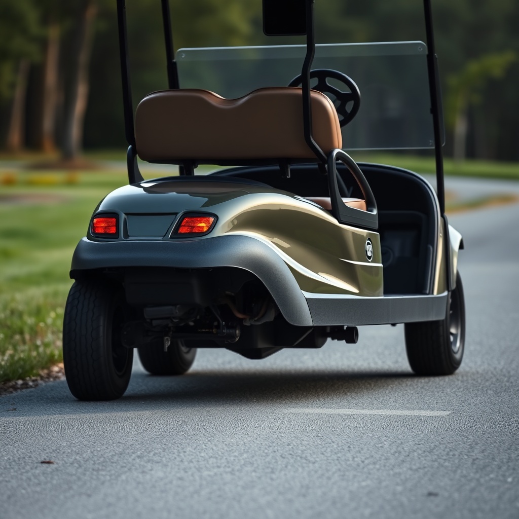 A photorealistic photo of a CartCraft golf cart being test-driven on a paved path after a