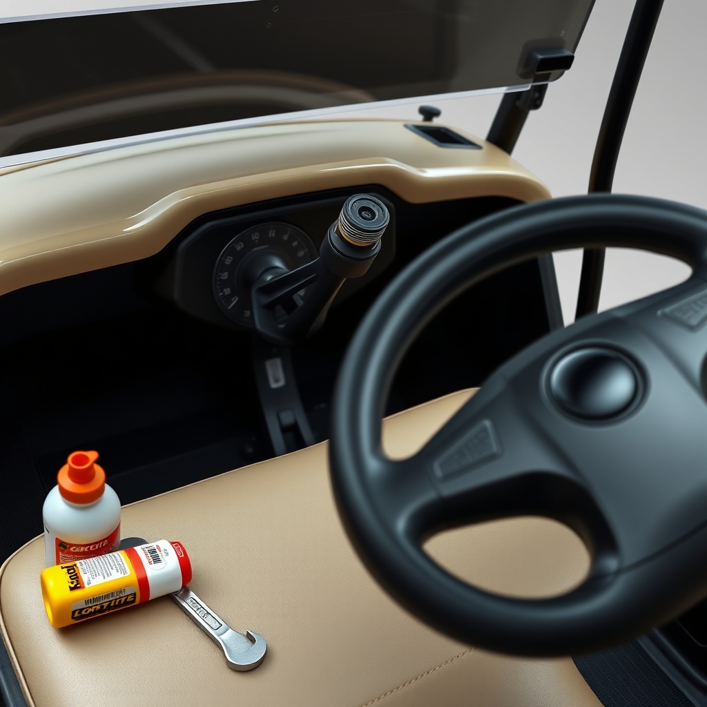 A photorealistic close-up of a CartCraft golf cart dashboard with the original steering wh