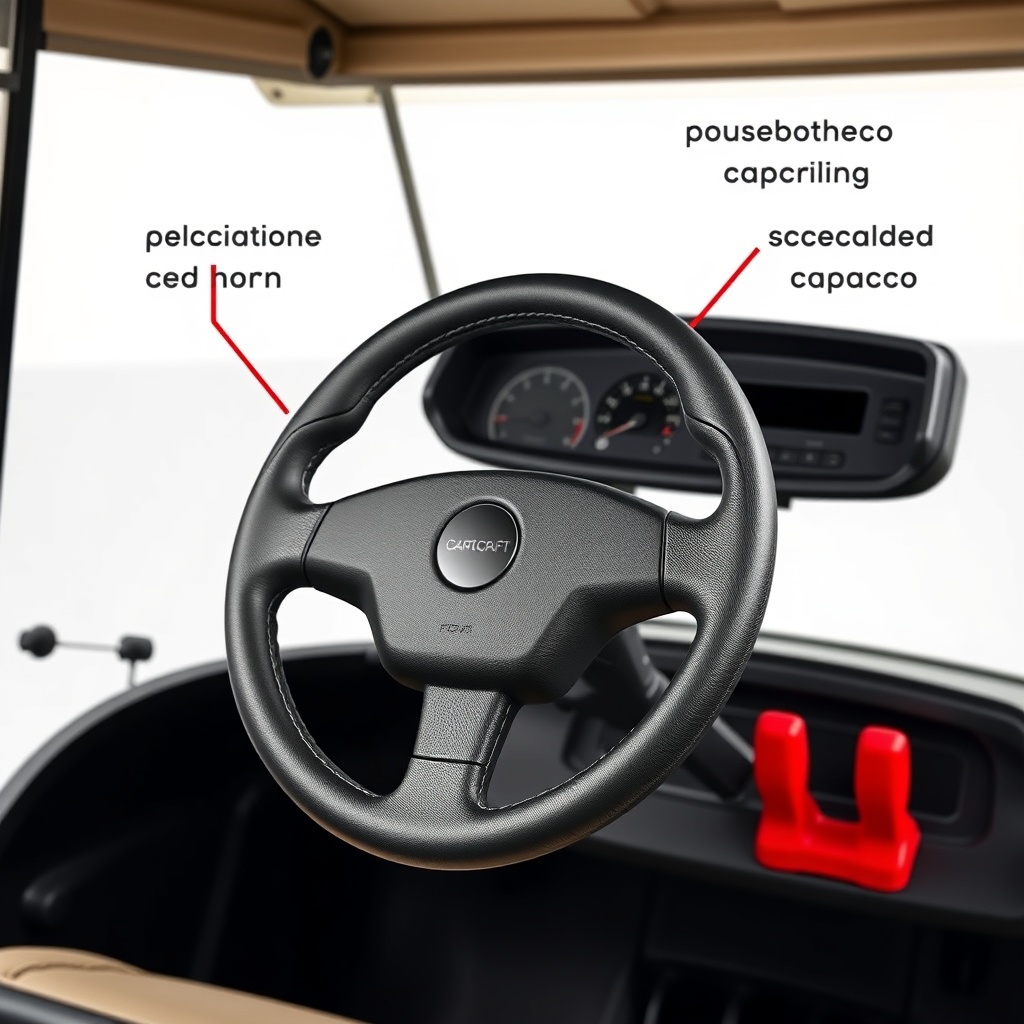 A photorealistic side-view of a CartCraft golf cart with a new leather-wrapped