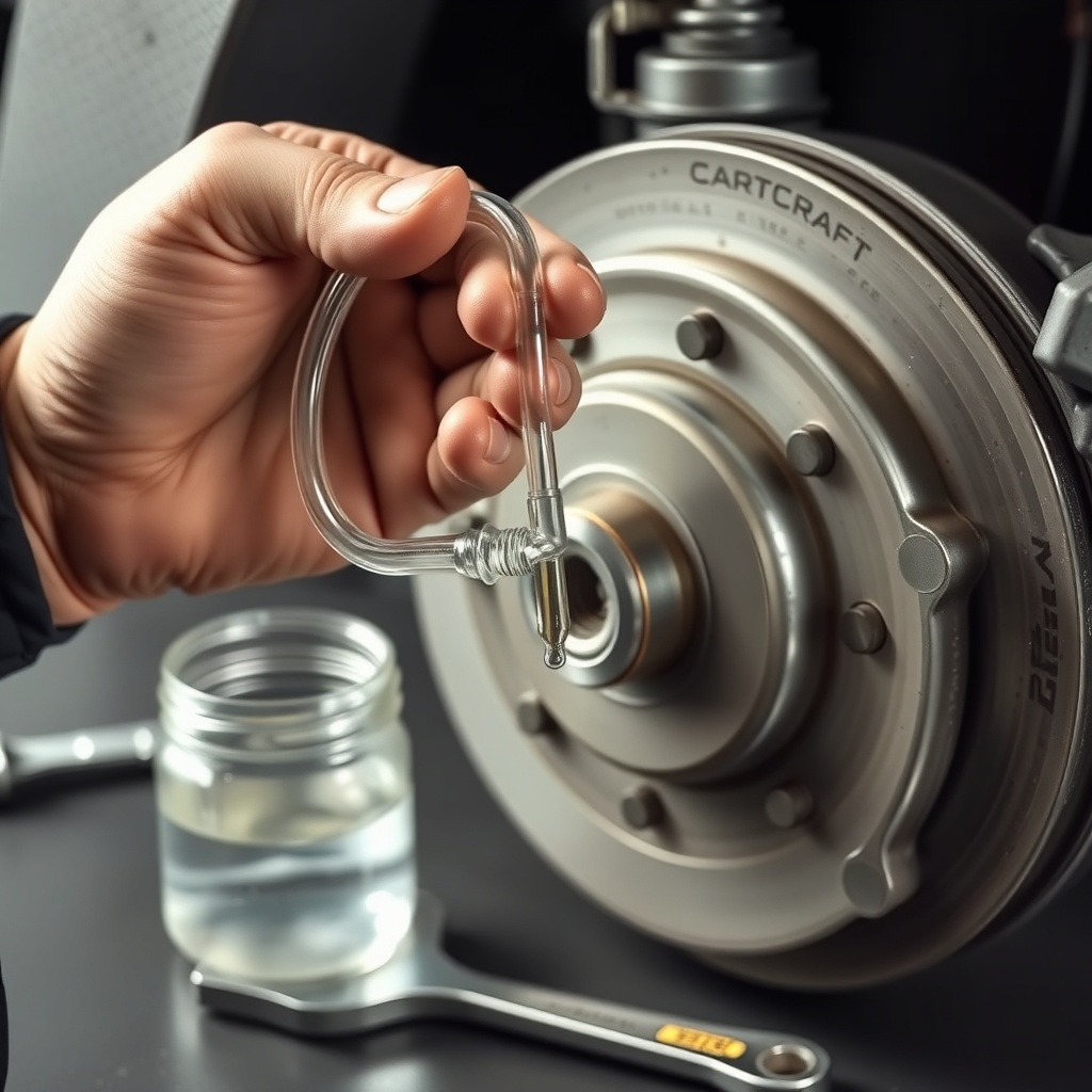 <clean photorealistic photo of a mechanic’s hands holding clear tubing attached to a brake