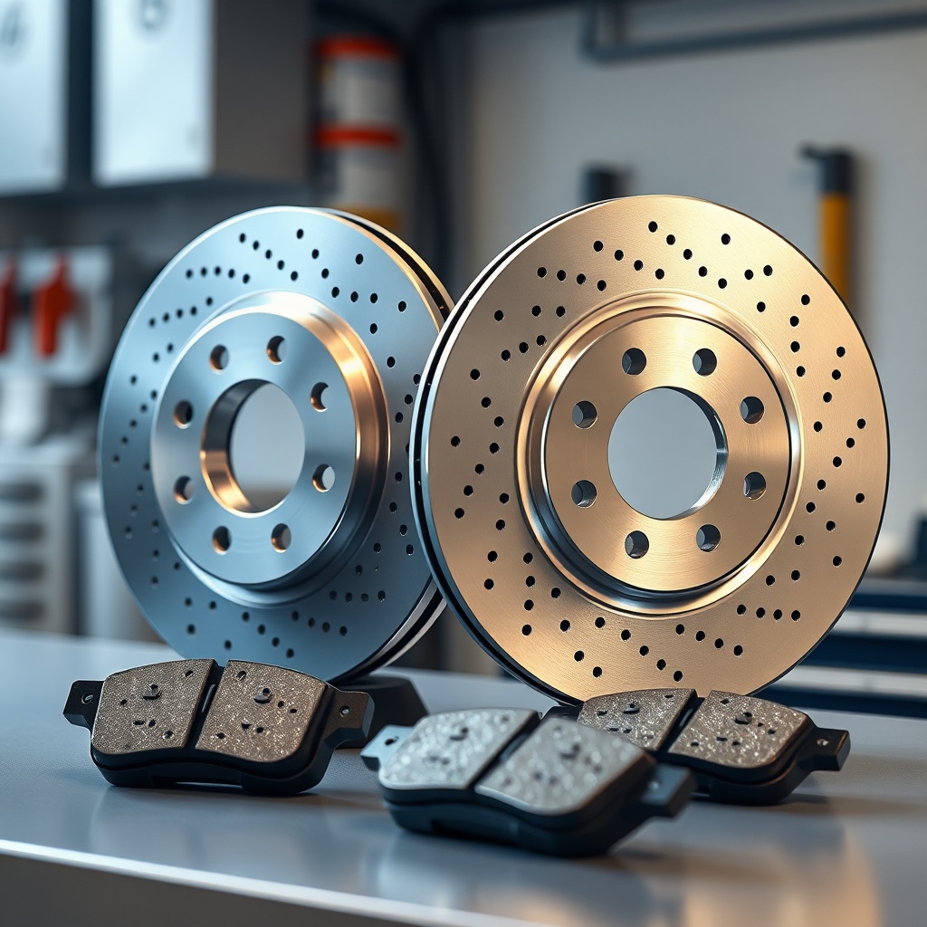 photorealistic shot of two drilled and slotted rotors and ceramic brake pads arranged on a