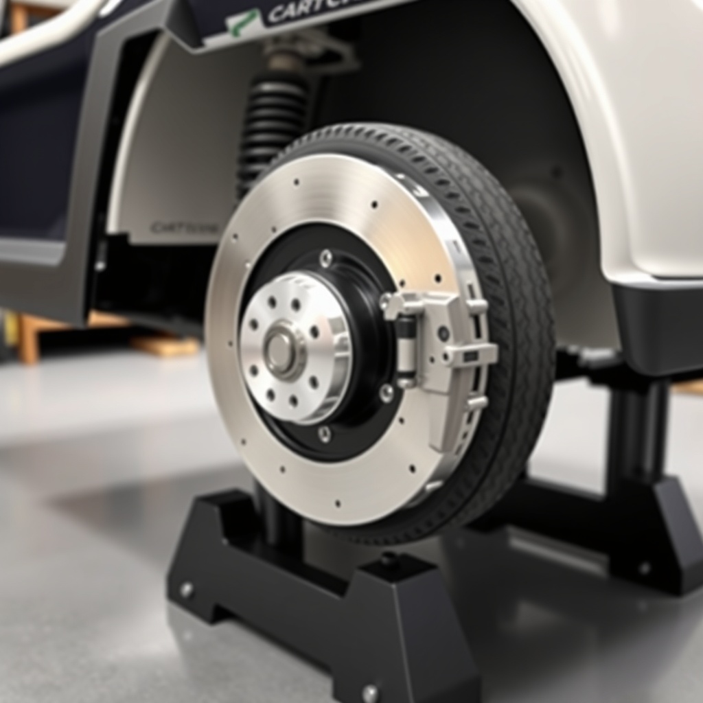 photorealistic image of a CartCraft golf cart on jack stands with rear wheel removed