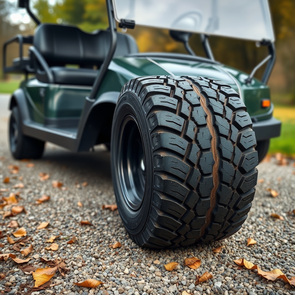 A clean photorealistic photo of a CartCraft golf cart parked on a gravel path