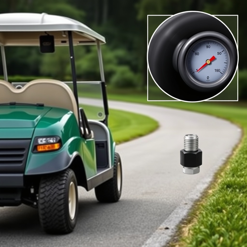 <clean photorealistic photo/illustration of a CartCraft golf cart driving on a paved path