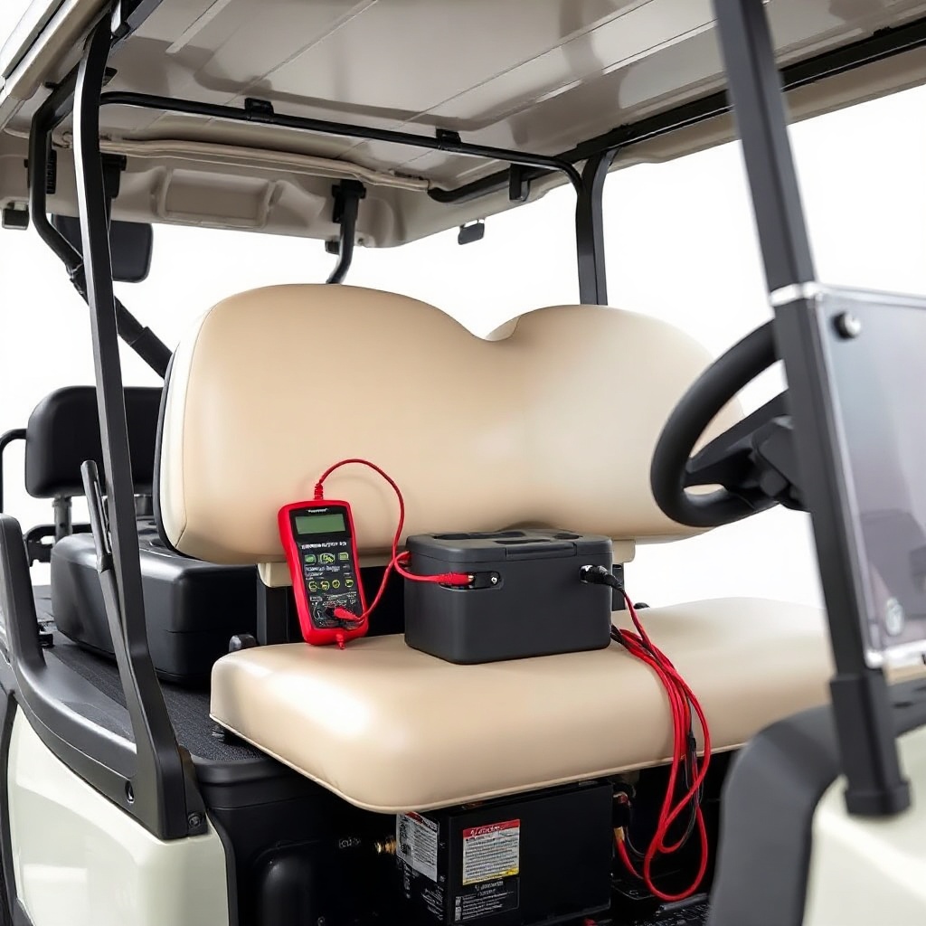 <clean photorealistic photo/illustration of a CartCraft golf cart with the seat lifted