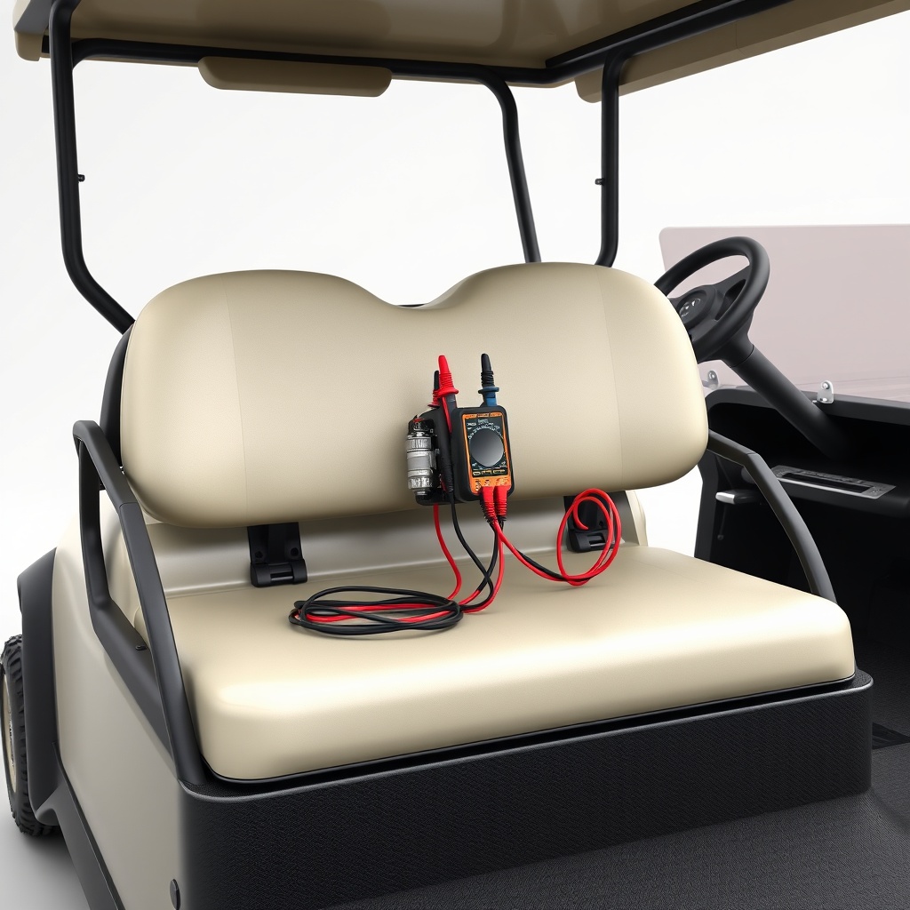 <clean photorealistic photo/illustration of a CartCraft golf cart with the seat lifted