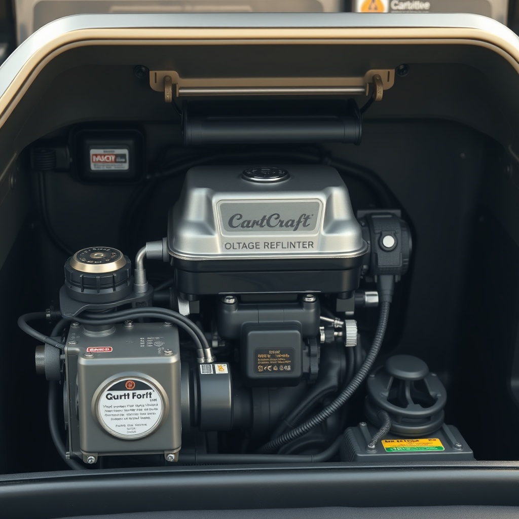 A clean photorealistic photo of a CartCraft golf cart's engine bay with the voltage regula