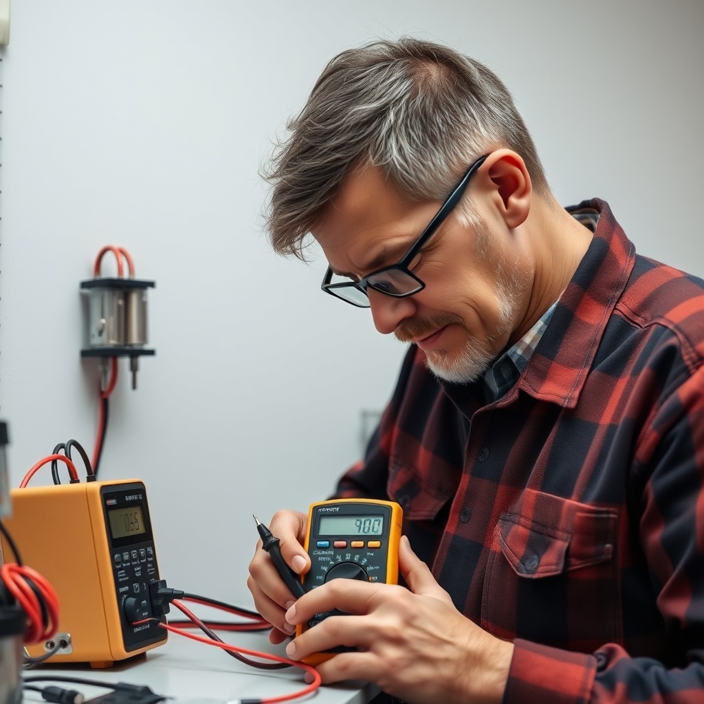 A clean photorealistic photo of a CartCraft owner troubleshooting a voltage regulator with