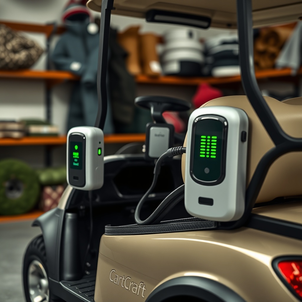 A photorealistic close-up of a CartCraft golf cart parked in a garage