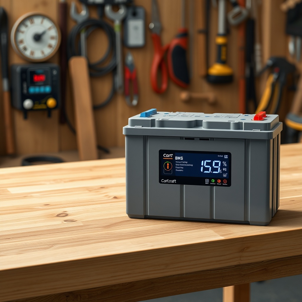 A photorealistic split illustration showing a CartCraft lithium battery pack placed on a w