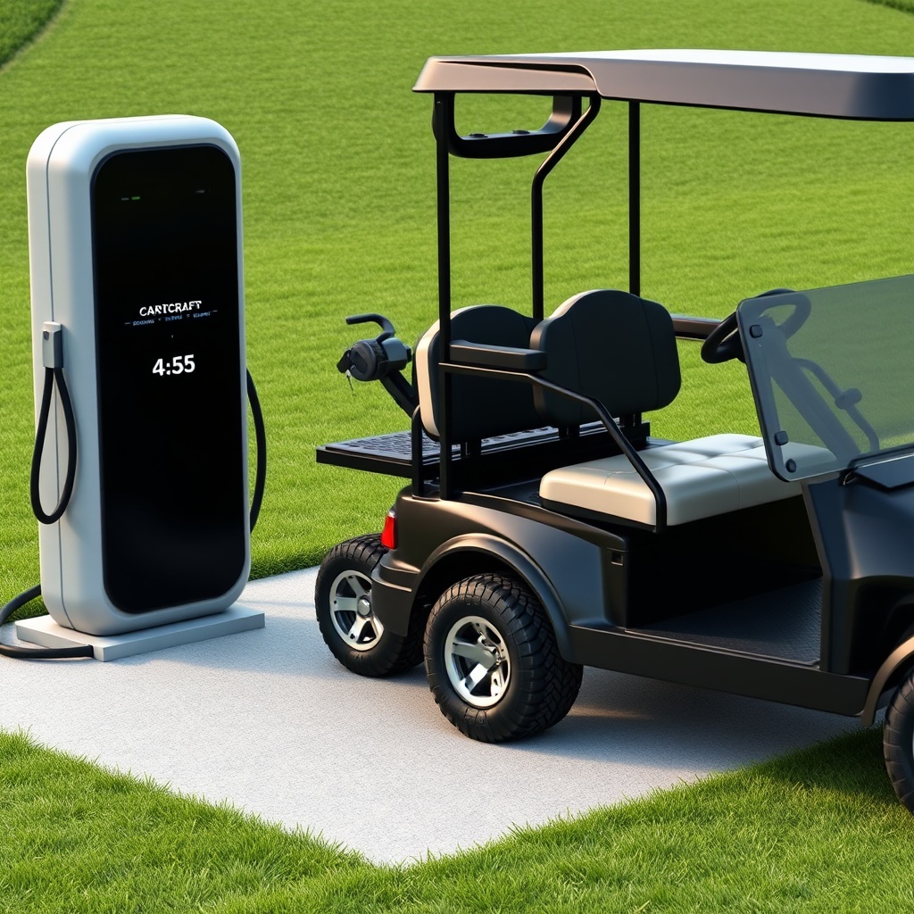 <clean photorealistic photo of a CartCraft golf cart beside a charging station with a lith