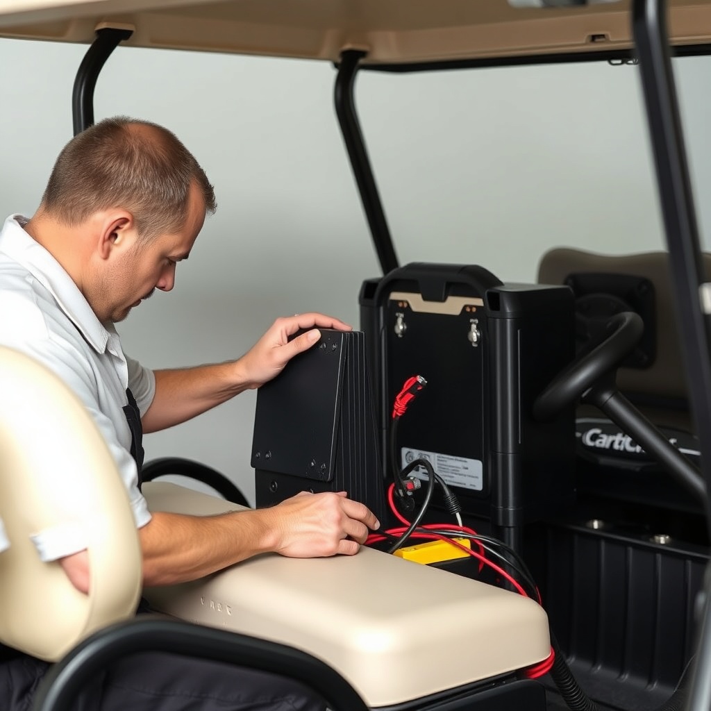<clean photorealistic photo of a technician installing a lithium battery pack into a CartC