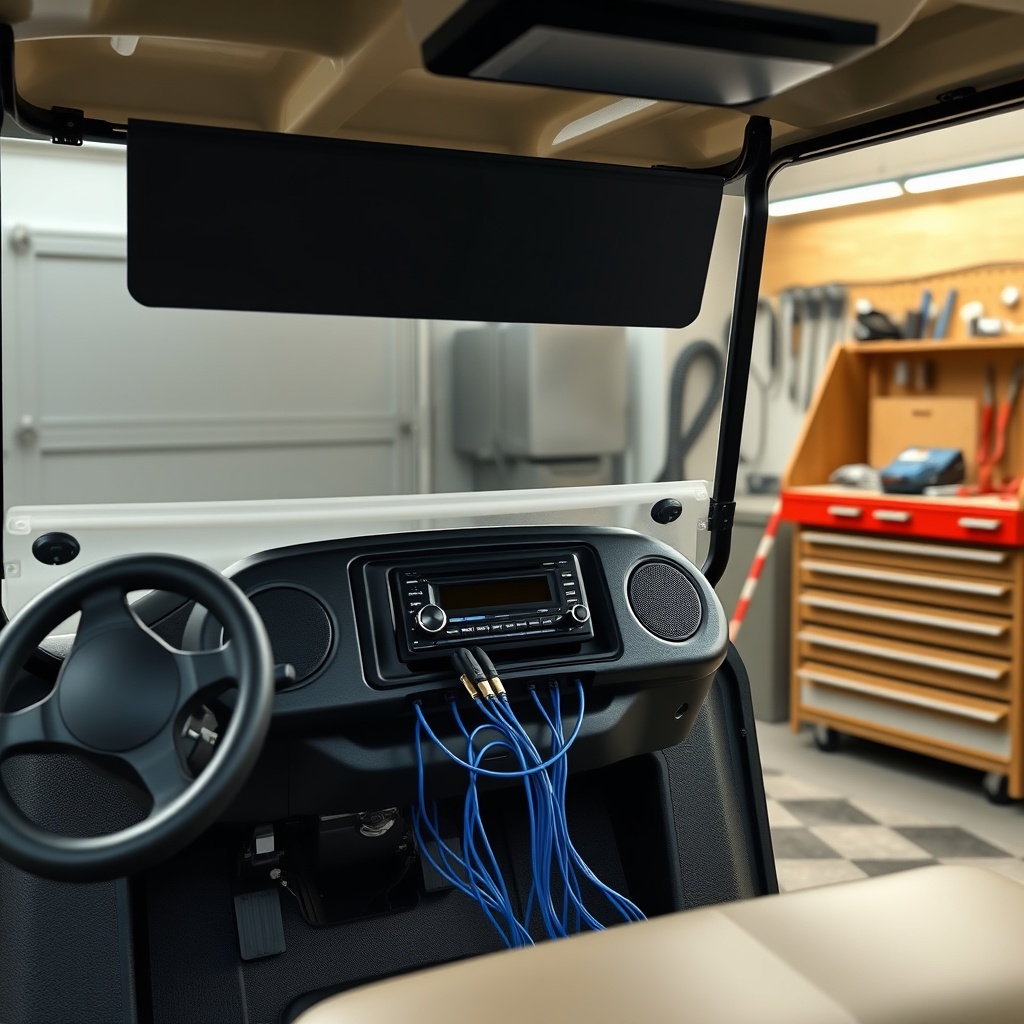 <clean photorealistic photo/illustration of a CartCraft golf cart with an open dashboard