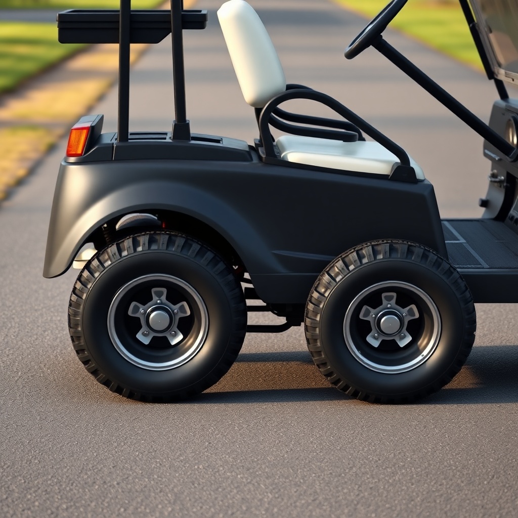 A clean photorealistic side-profile photo of a CartCraft golf cart on a smooth tarmac path