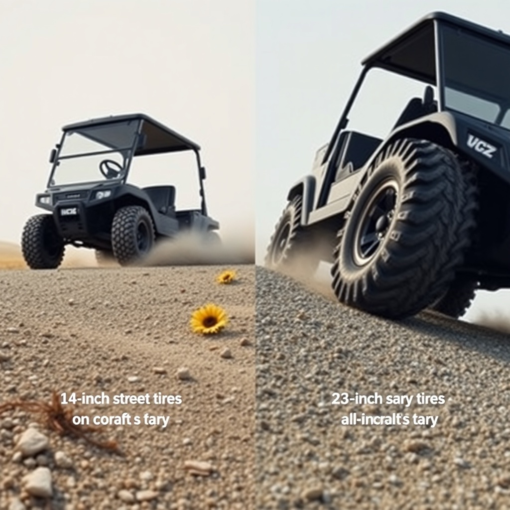 A photorealistic side-by-side photo of a CartCraft on 18-inch street tires and another on
