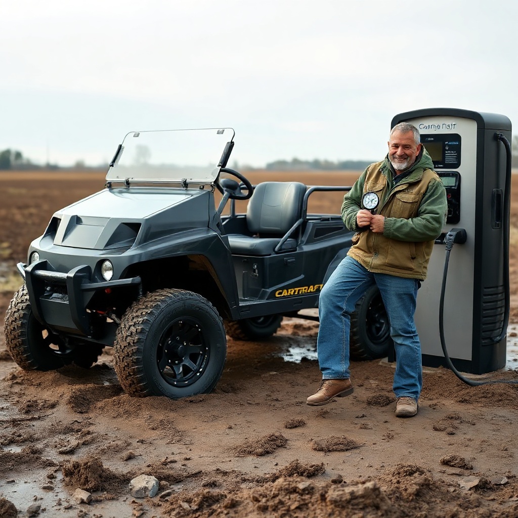 A photorealistic photo of a CartCraft with 22-inch off-road tires parked in a muddy field