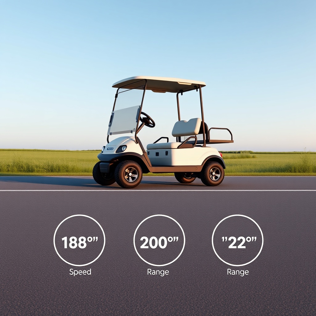 <A photorealistic illustration of a CartCraft golf cart on a flat road