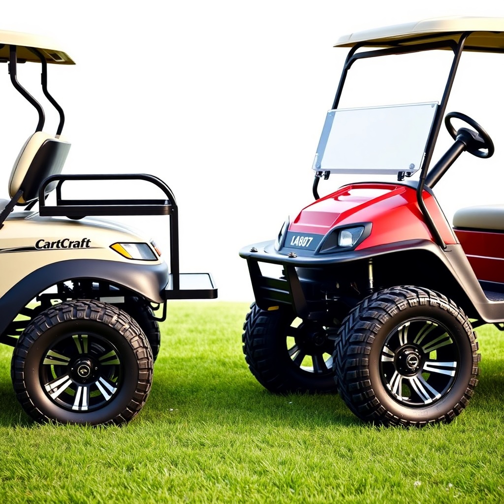 A clean photorealistic photo of two CartCraft golf carts side by side
