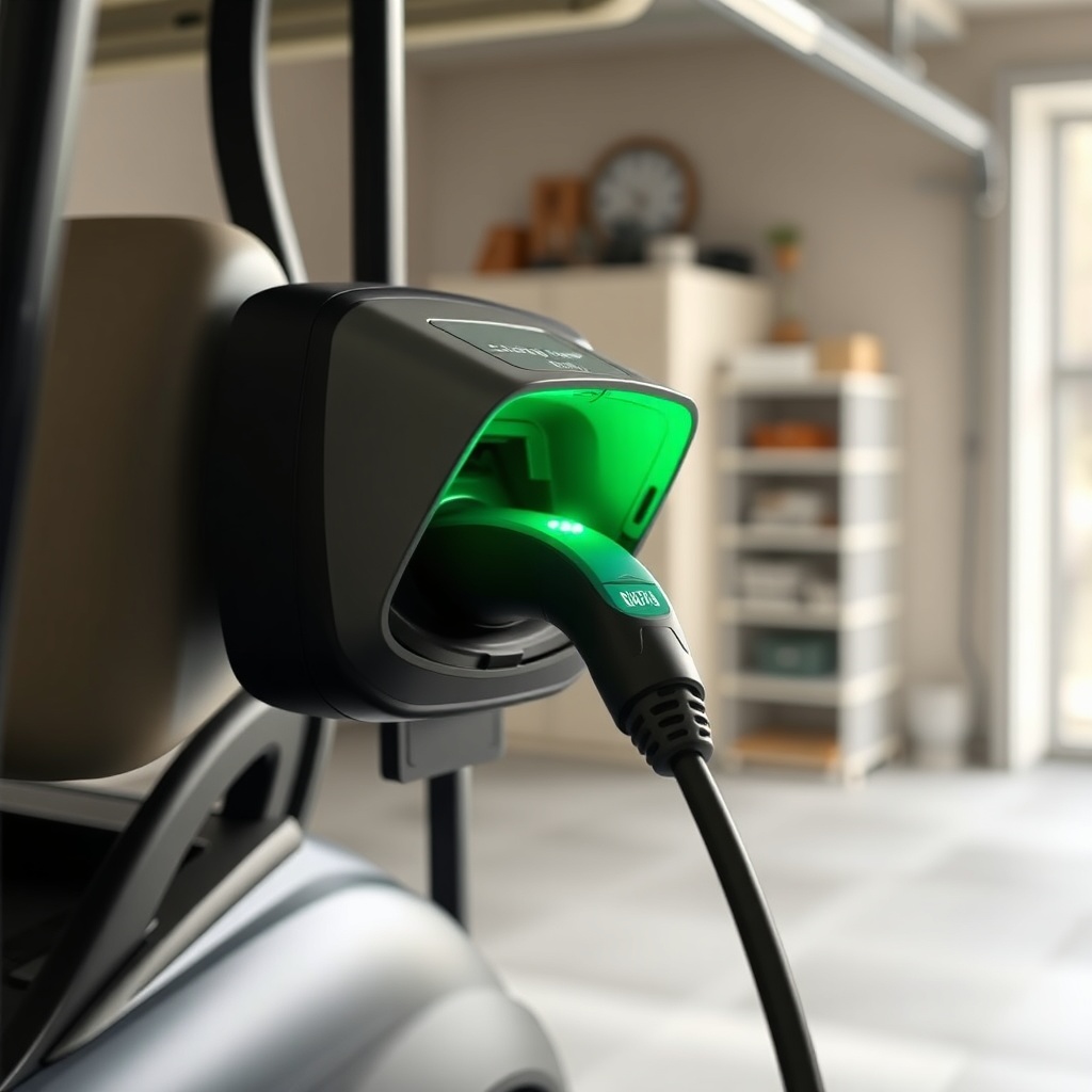 A clean photorealistic close-up of a Club Car Onward 4 Passenger's charging port with the