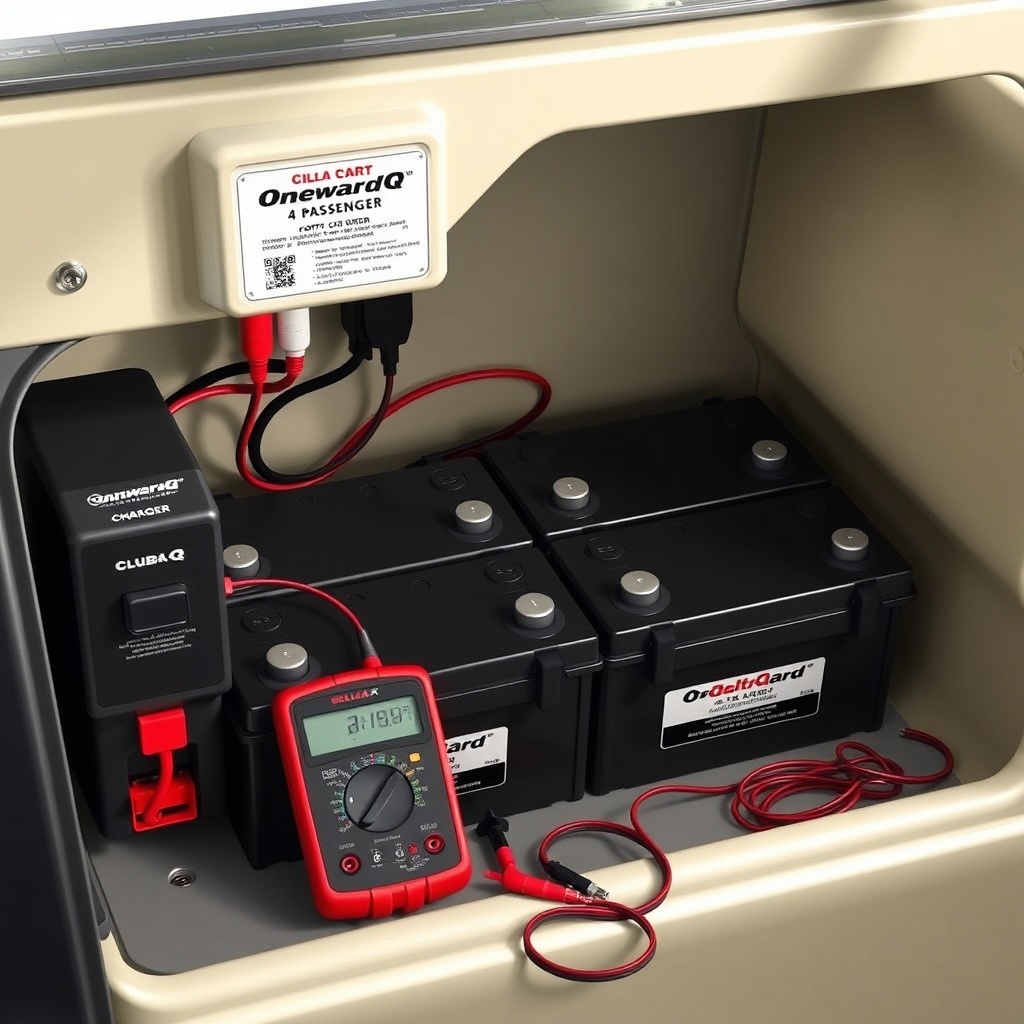 A photorealistic illustration of the Club Car Onward 4 Passenger's battery compartment wit