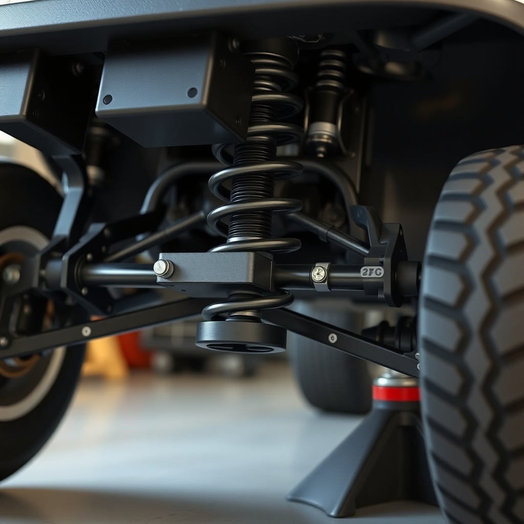 Close-up photorealistic photo of a Club Car Onward 4 Passenger lifted front suspension
