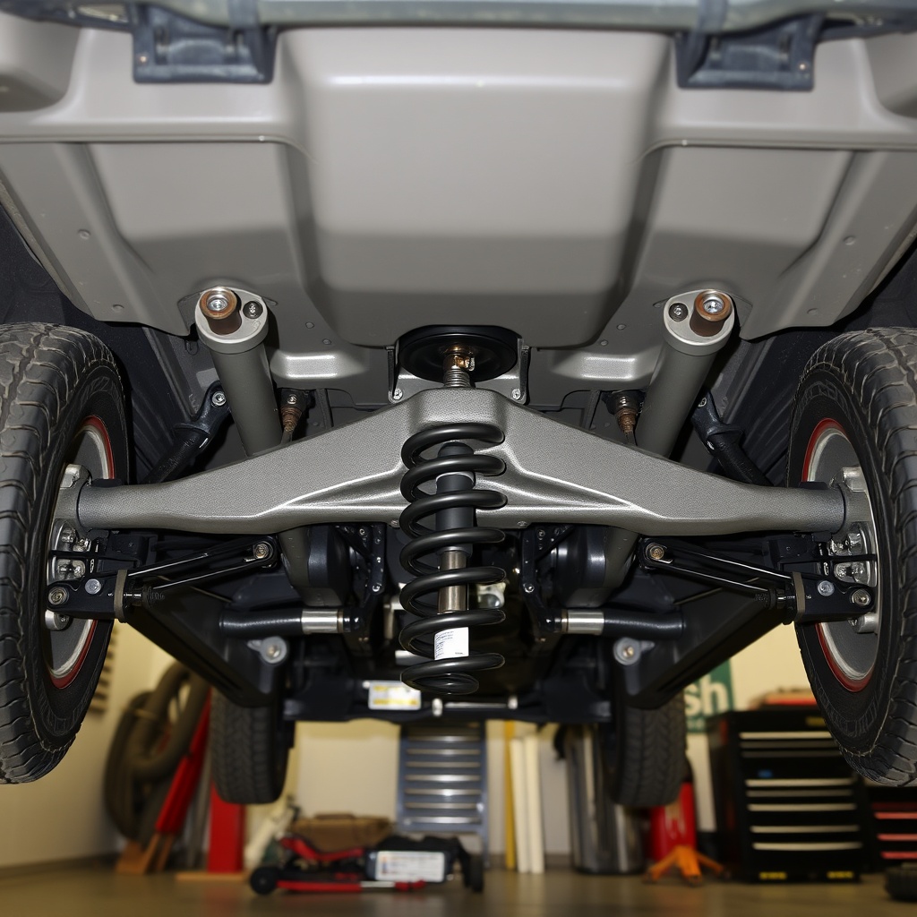 A clean photorealistic photo showing the underside of a Club Car Onward 4 Passenger with t