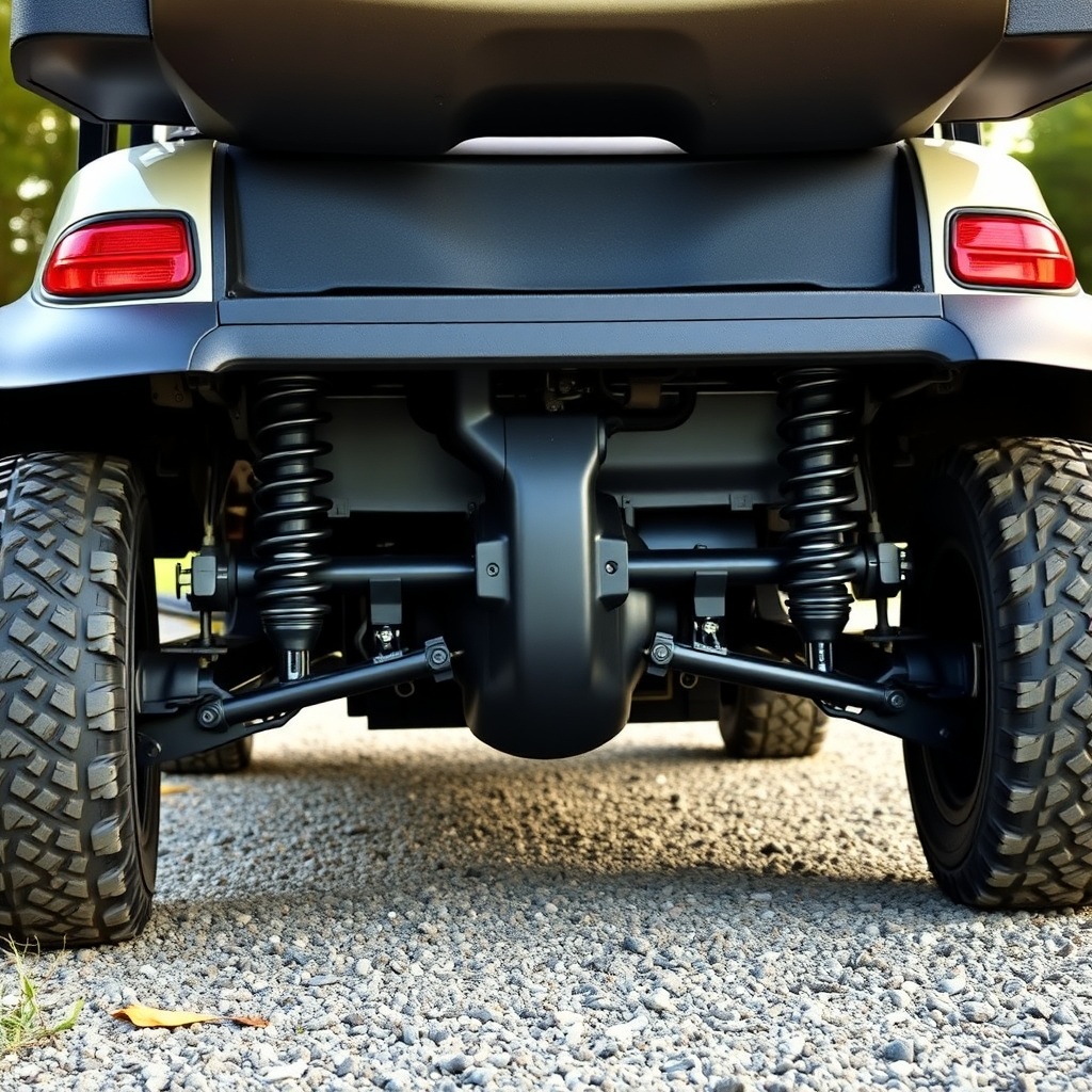 A clean photorealistic photo of a Club Car Onward 4 Passenger parked on a gravel path with