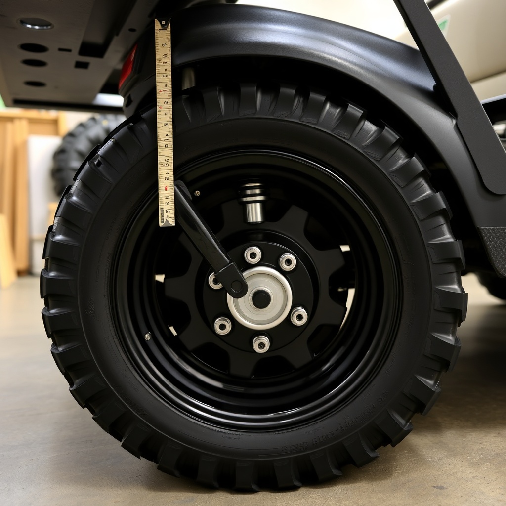 A close-up view of a Club Car Onward 4 Passenger's wheel well showing a 22-inch tire near