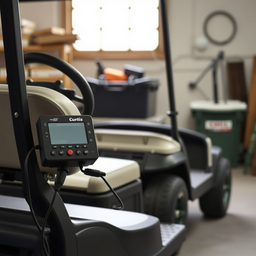 <clean photorealistic photoreal of a CartCraft golf cart in a workshop with a Curtis handh