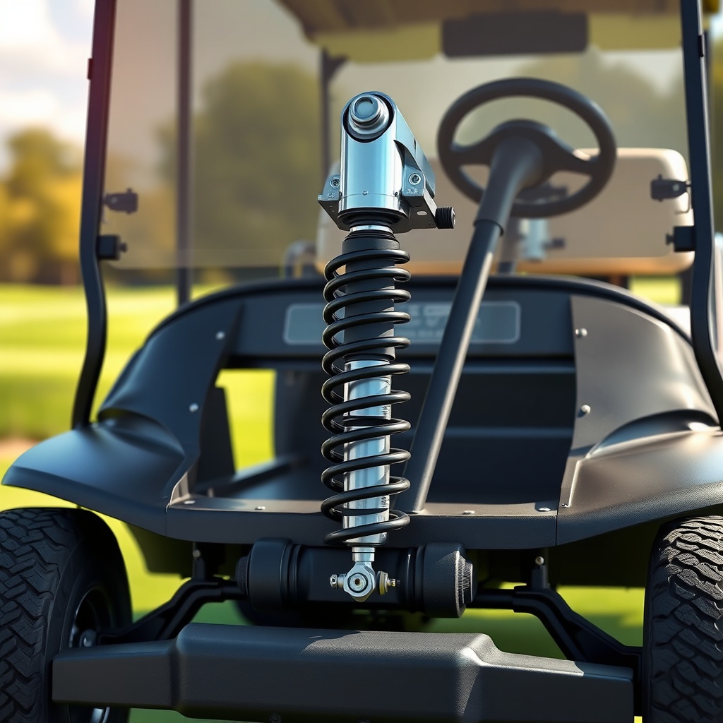 A clean photorealistic illustration of an EZGO RXV Elite with the front suspension highlig