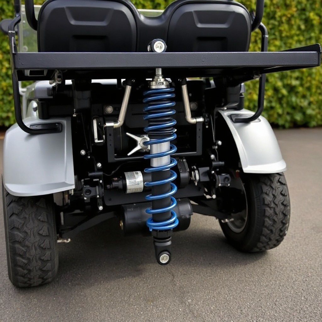 A clean photorealistic photo of an EZGO RXV Elite's rear suspension showing a new coil-ove