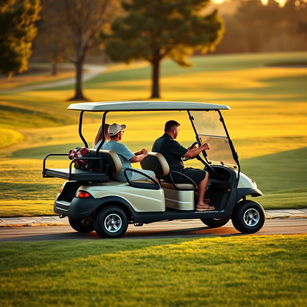 A clean photorealistic photo of a Club Car Onward 4 Passenger driving across a manicured g