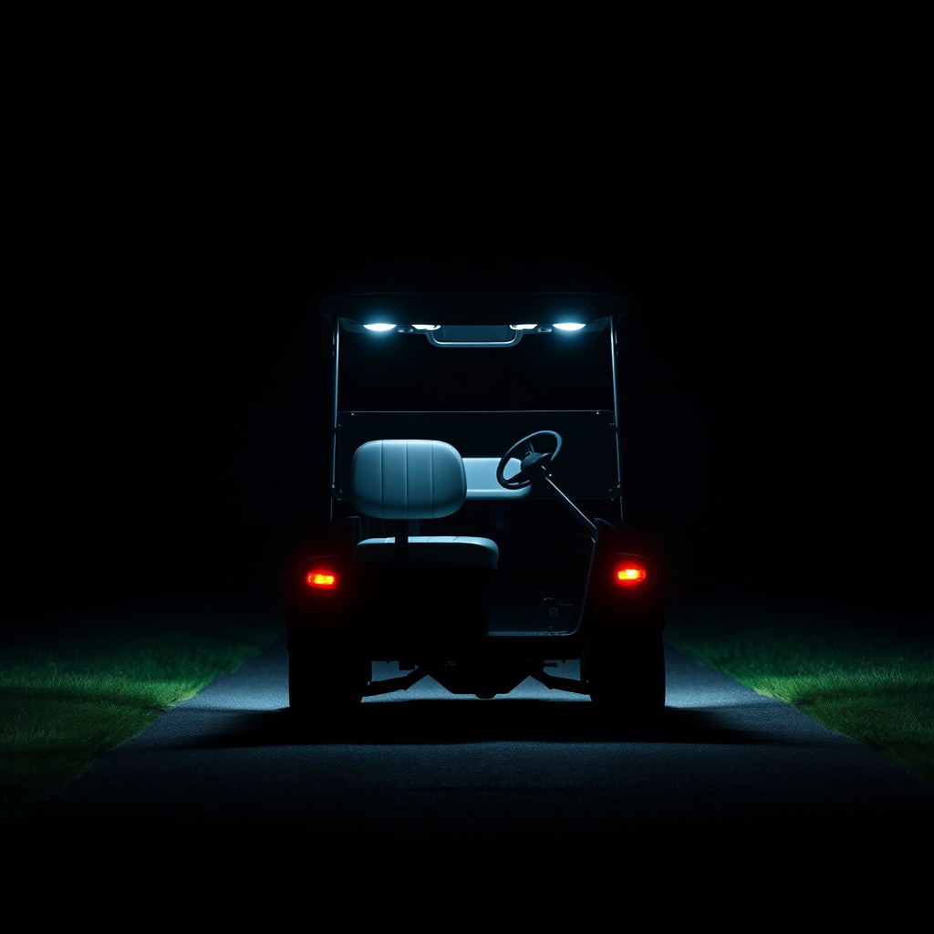 A clean photorealistic photo showing a CartCraft golf cart at night with LED lights illumi