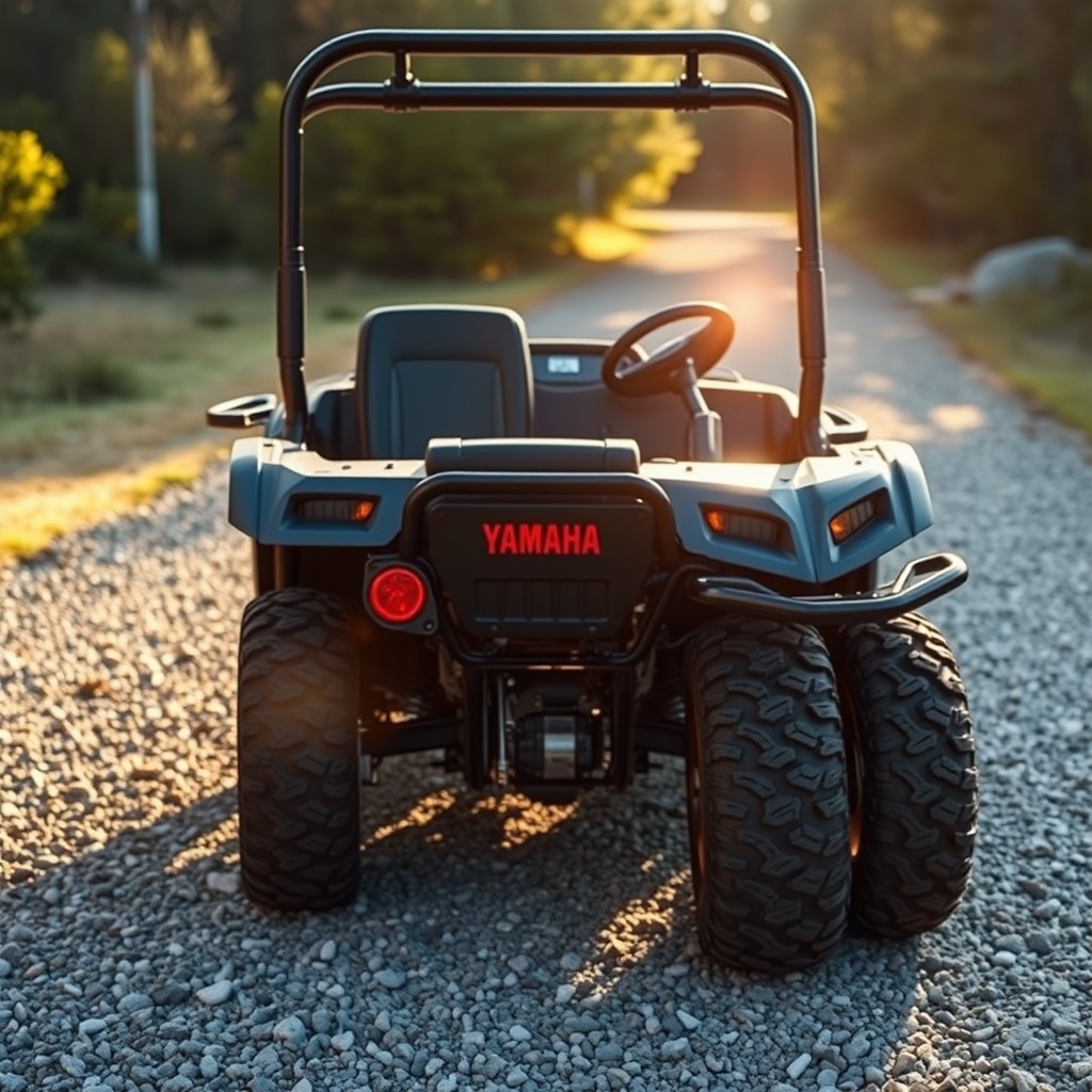 A clean photorealistic photo showing a Yamaha Drive2 PTV parked on a gravel path with new
