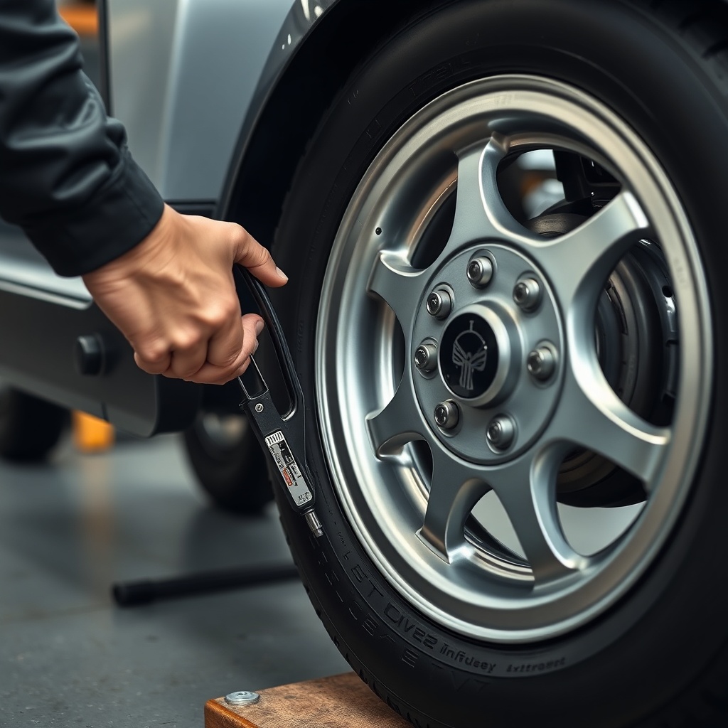 A clean photorealistic photo showing a person's hands using two tyre irons to mount a new