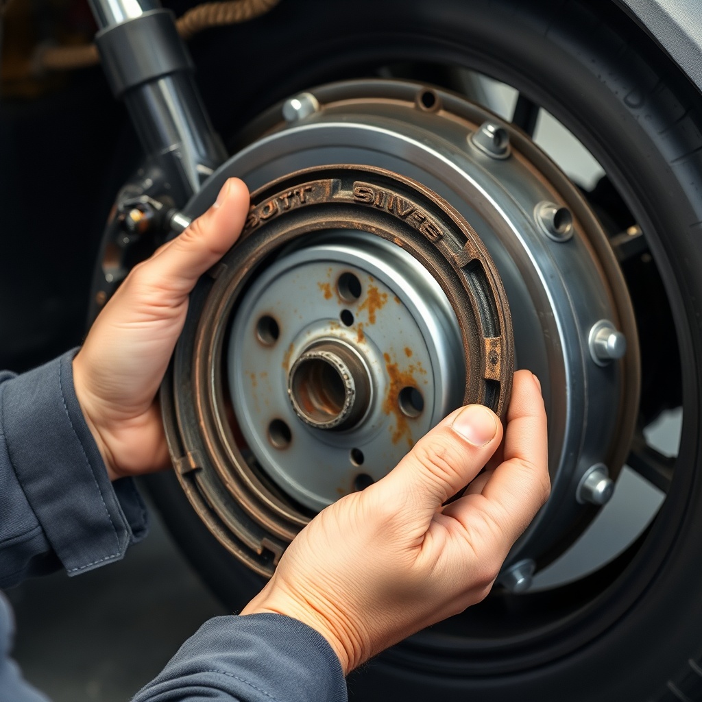 A photorealistic photo of a mechanic's hands holding a worn brake shoe from a Yamaha Drive