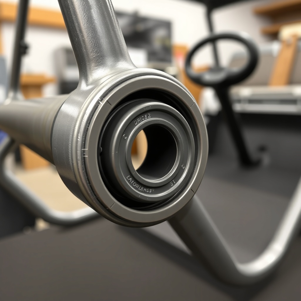 A close-up illustration of a polyurethane bushing being installed in the front control arm