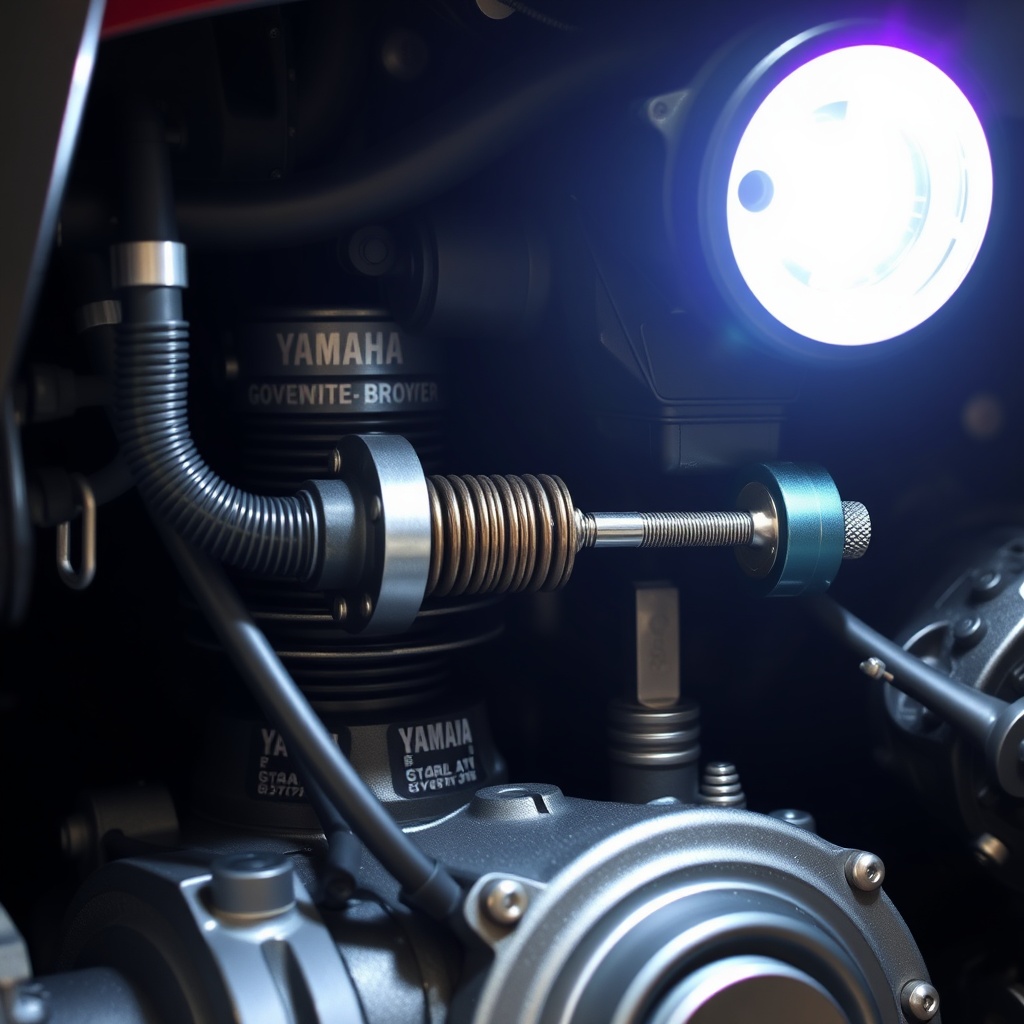 A photorealistic close-up of a Yamaha Drive2 PTV engine bay showing the governor spring an