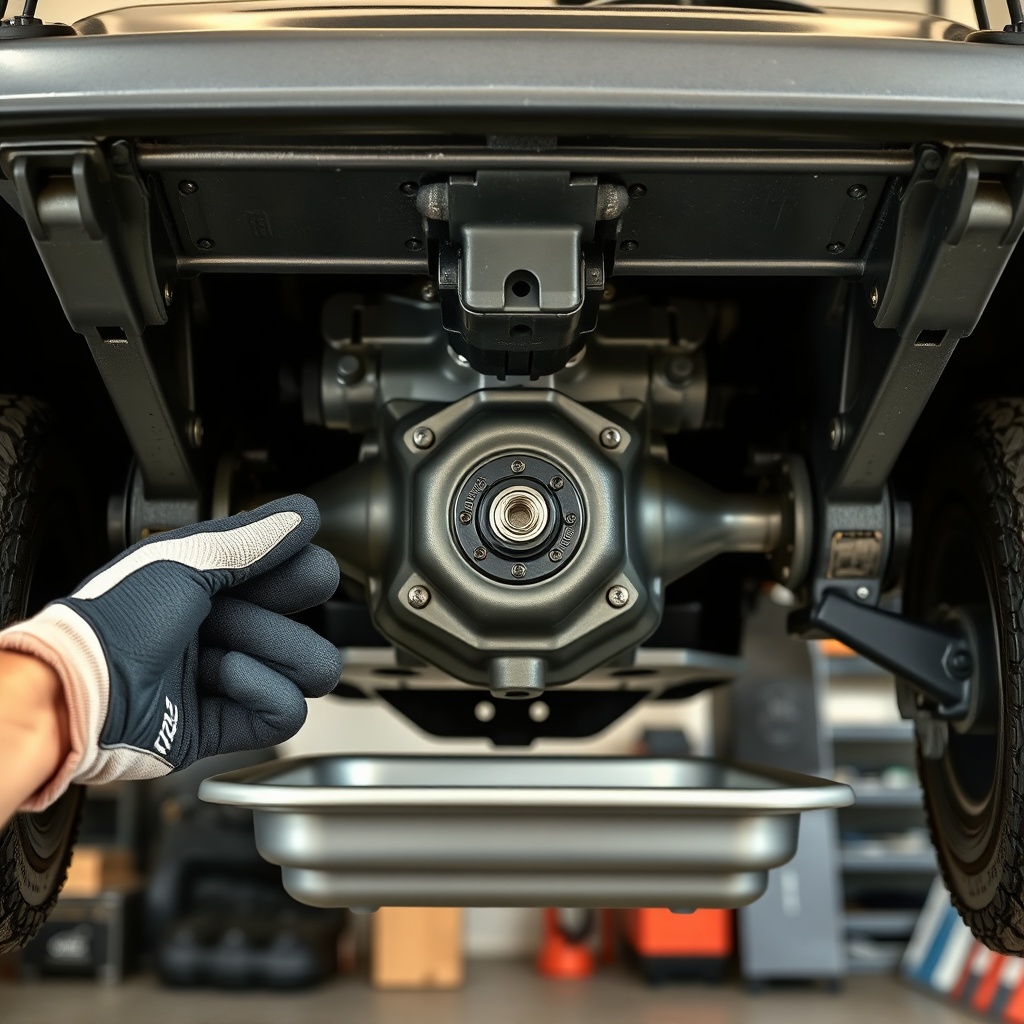 A clean photorealistic photo showing the underside of a CartCraft golf cart with the diffe